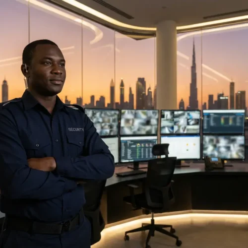 Security officer standing confidently in front of multiple surveillance monitors with Dubai skyline at sunset in the background falcon shield